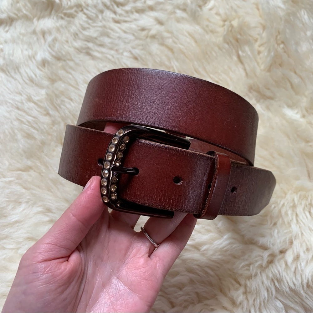 Fossil Classic Cognac Brown Dusty Rose Rhinestone Embellished Buckle Belt M